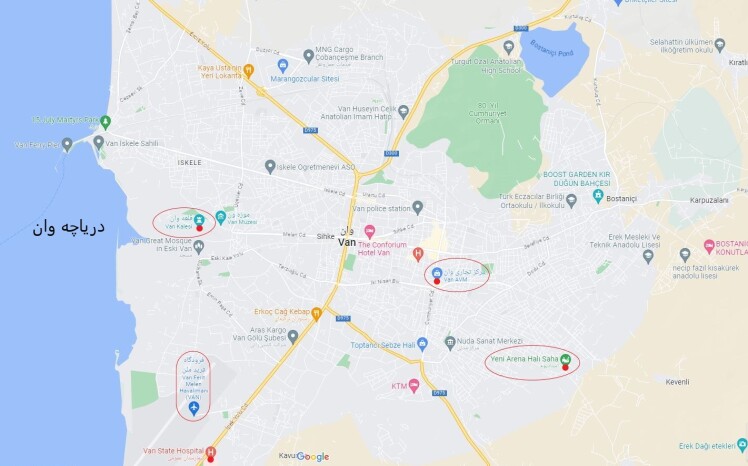 نقشه شهر وان ترکیه + لوکیشن مناطق اصلی شهر