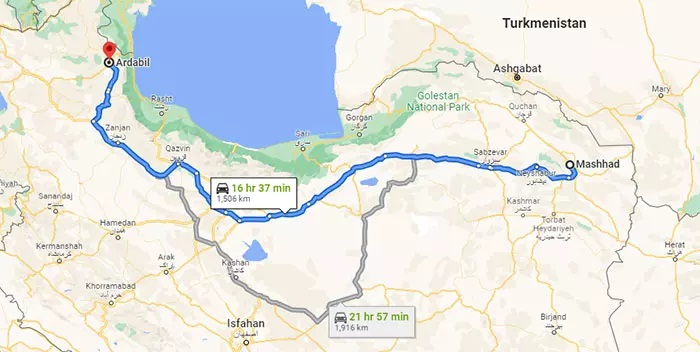 فاصله مشهد تا اردبیل 