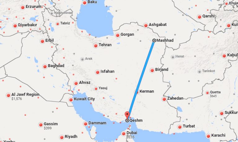 فاصله مشهد تا قشم